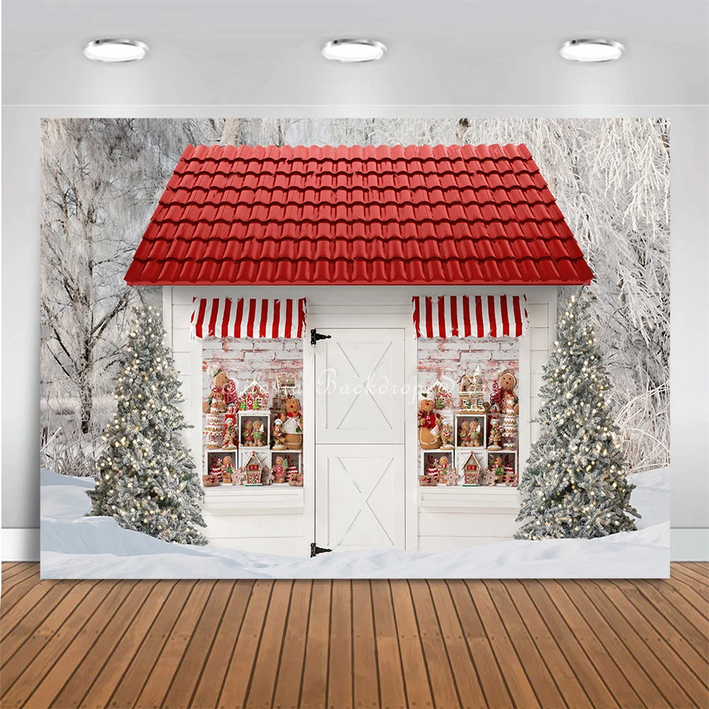 

Christmas Winter Forest Background Country Gingerbread Store Backdrop Kids Portrait Photo Studio Props Red House Photography