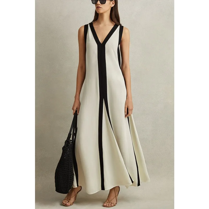 Elegante vestido longo listrado colorblock feminino, sexy com gola V, sem mangas, reversível, roupão de rua de férias, solto, casual, verão, 2022