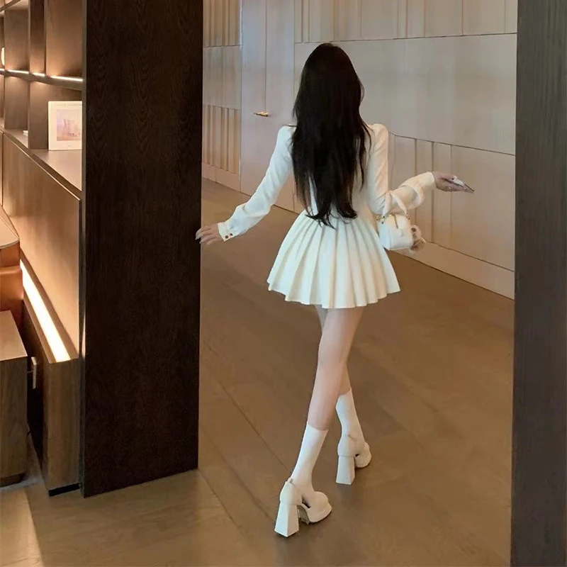 فستان قصير بفيونكة حلوة للنساء للخريف بأكمام طويلة فساتين غير منتظمة بطيات مرقعة كاواي بأزرار بريبي بقصة ضيقة فساتين للطلاب #5