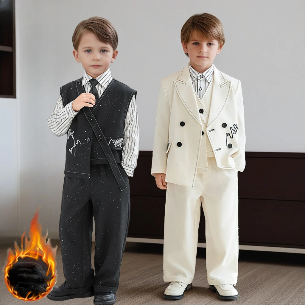 

Boys Wedding Suit Set Winter Fleece Warm Shiny Stage Show Tuxedo Kids Birthday Party Outfits Flower Kids Performance Formal Wear