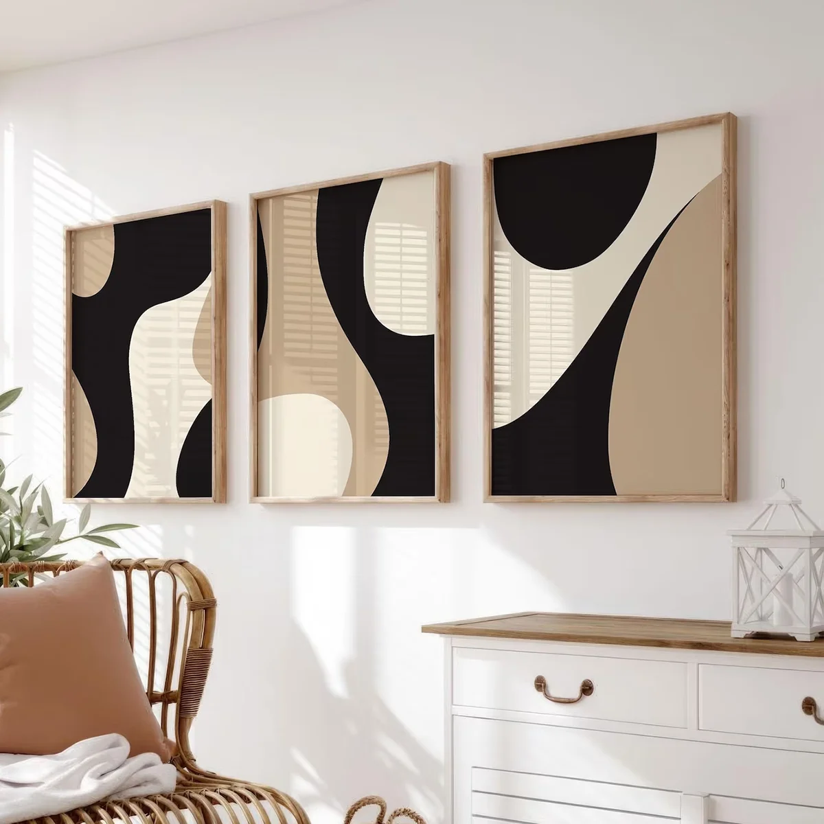 3PCS Modern Neutral Gallery Wall Art  Black and Beige Abstract Art Farmhouse Decor Room Poster, Living Room Art, Print, Minimal