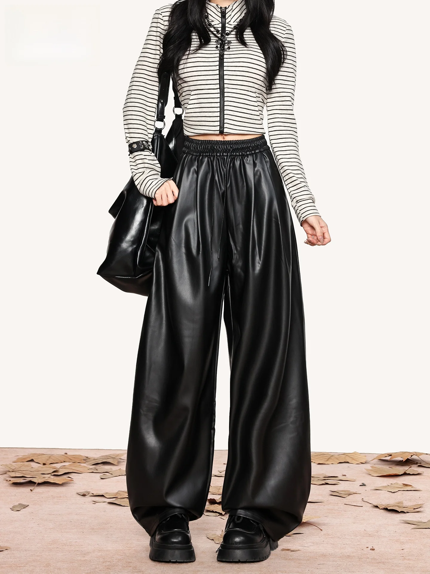 

Американские ретро-брюки с высокой талией, эластичные, повседневные, из искусственной кожи, женские, новинка 2026 года, летние, прямые, свободного кроя, на флисе, с широкими штанинами