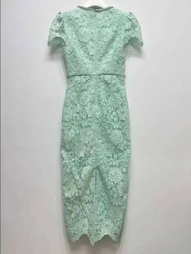 Brand Diamond Lace Prom Dress Women 2025 Summer Short Sleeve Crystal Chain Sheath Bodycon Evening Party Midi Long Dresses Runway