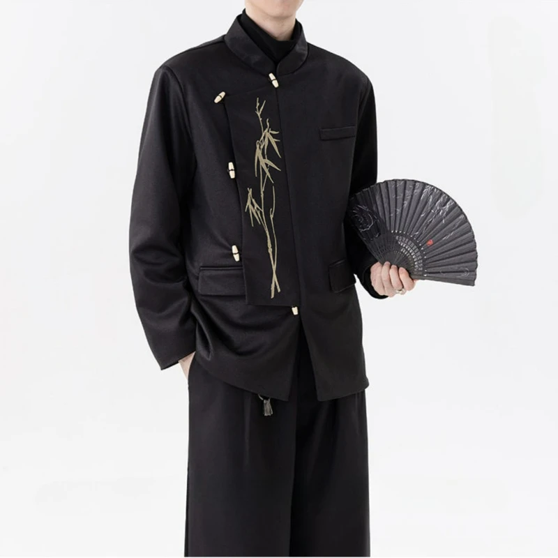 Fashion New Chinese-style Retro Slanted Lapel Embroidered Outerwear 2026 Autumn Solid-color Stand-up Collar Suit Jacket for Men