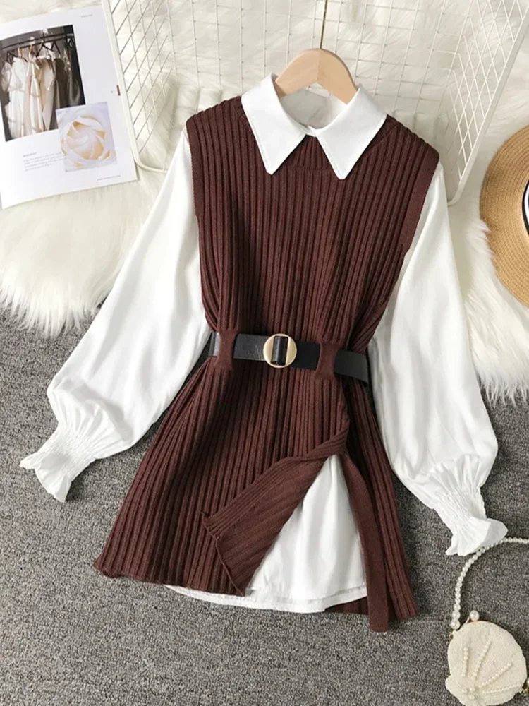 2024 New Autumn Fashion Chic Lace Up Waist Closing Knitting Vests + Lapel White Casual Long Sleeve Shirts Female SM1747