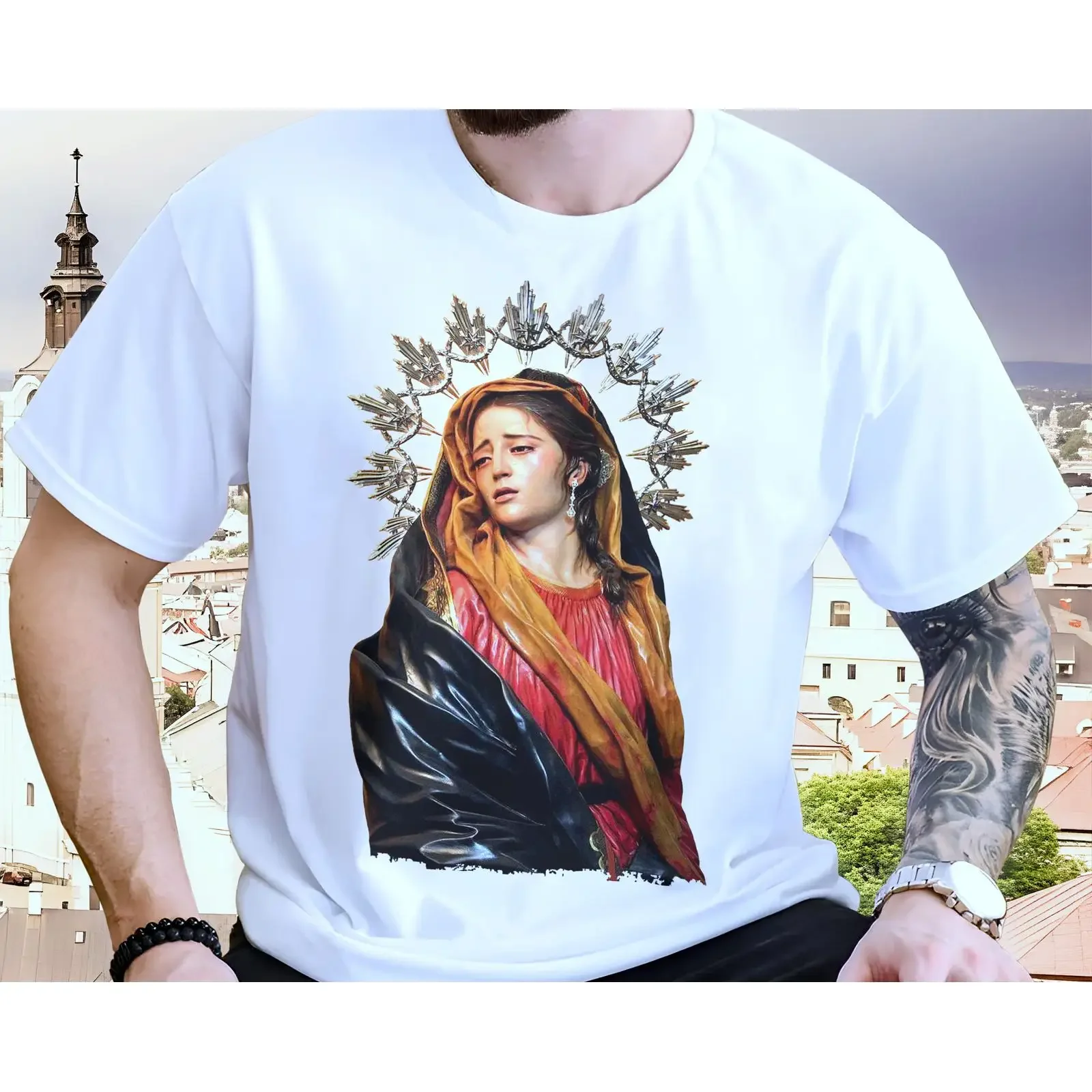 T-shirt chrétien Notre-Dame des Douleurs V24 – Vêtement de foi religieuse, tenue décontractée, style vintage délavé, légèrement de créateur