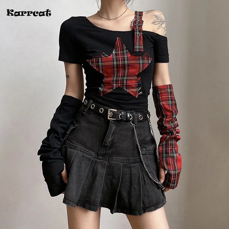 Karrcat Dark Aesthetic Irregular Crop Top Gothic Punk Style Patchwork Tshirt Grunge Y2k Top Harajuku Mall Goth Streetwear E-girl