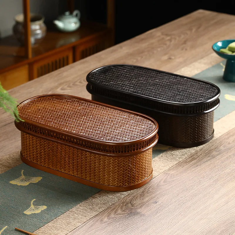 

Chinese Tea Box Natural Bamboo Woven Storage Basket Dustproof Belt Cover Sundries Case Practical And Versatile Tea Set Tray