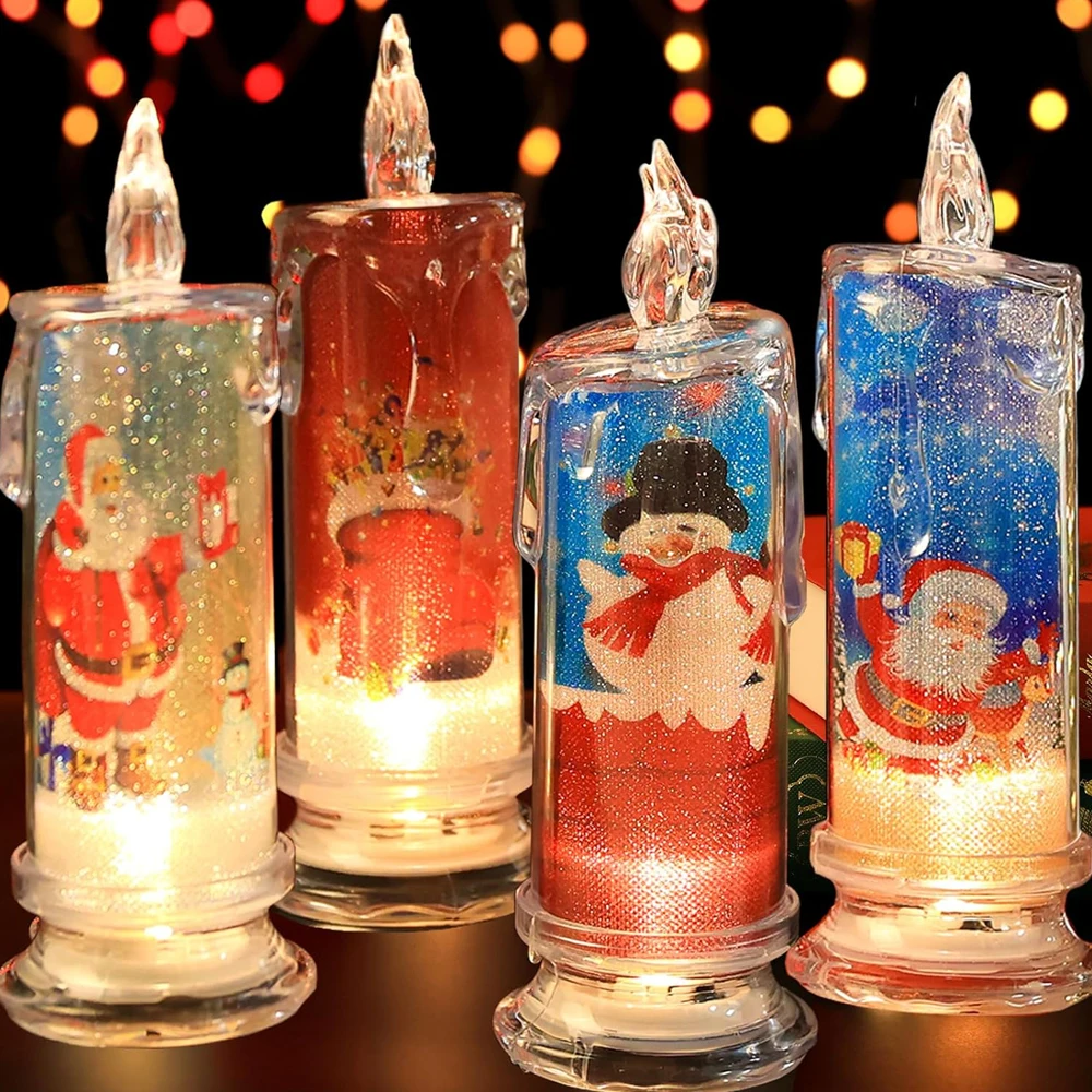 Vela sem chama de Natal com Papai Noel Boneco de neve, decalques conjunto de 4, velas LED temáticas para festival com bateria