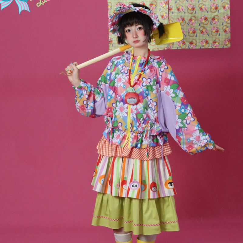 تنورة كعكة نسائية صيفية جديدة مطبوعة على شكل حيوانات لعام 2025 تصميم أصلي ملون ربط حلو لطيف لوليتا تنانير متوسطة الطول للسيدات