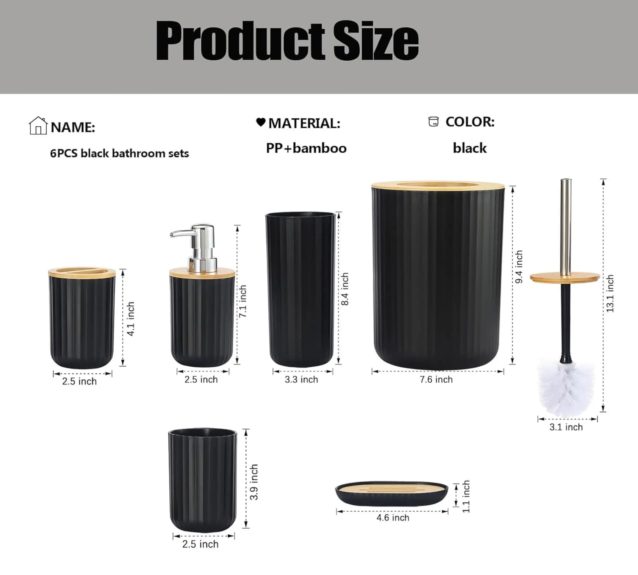 Modern Bathroom Essentials Set/Includes Toothbrush Holder, Waste Bin, Toilet Brush, Cup, Soap Dish and Soap Dispenser