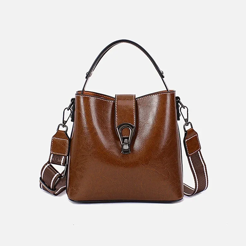 Yao Dong Burminsa Genuine Leather Bucket Small Shoulder Crossbody Bags For Women 2025 Trend Designer Wide Strap Oil Waxed Ladies