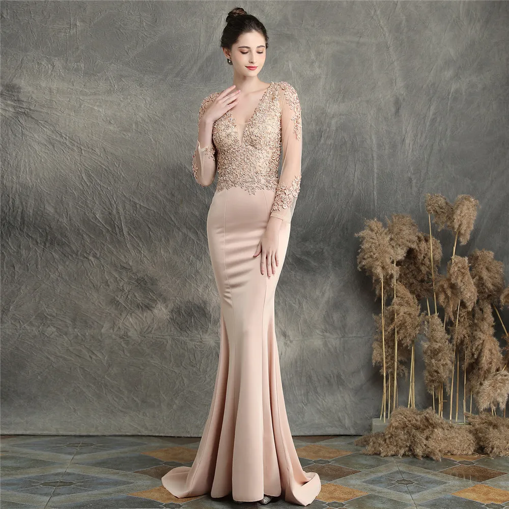 Cusomized V-Neck Floral Lace Handmade Applique Beaded Fishtail Dress Long Sleeve  Dress Wedding Party Evening Dress For Women