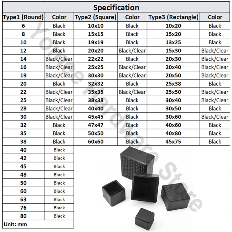 10x10mm~60x60mm Black PVC Square/Rectangle Pipe Sleeve Soft Rubber Non-slip End Cover Table and Chair Foot Covers image 2