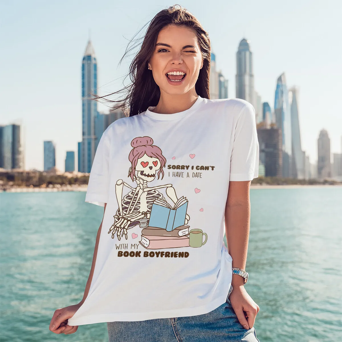 Book Boyfriend Date T-Shirt Skeleton Reading Book Lover T-Shirt Woman Man Summer Fashion Casual Cotton Graphic Streetwear