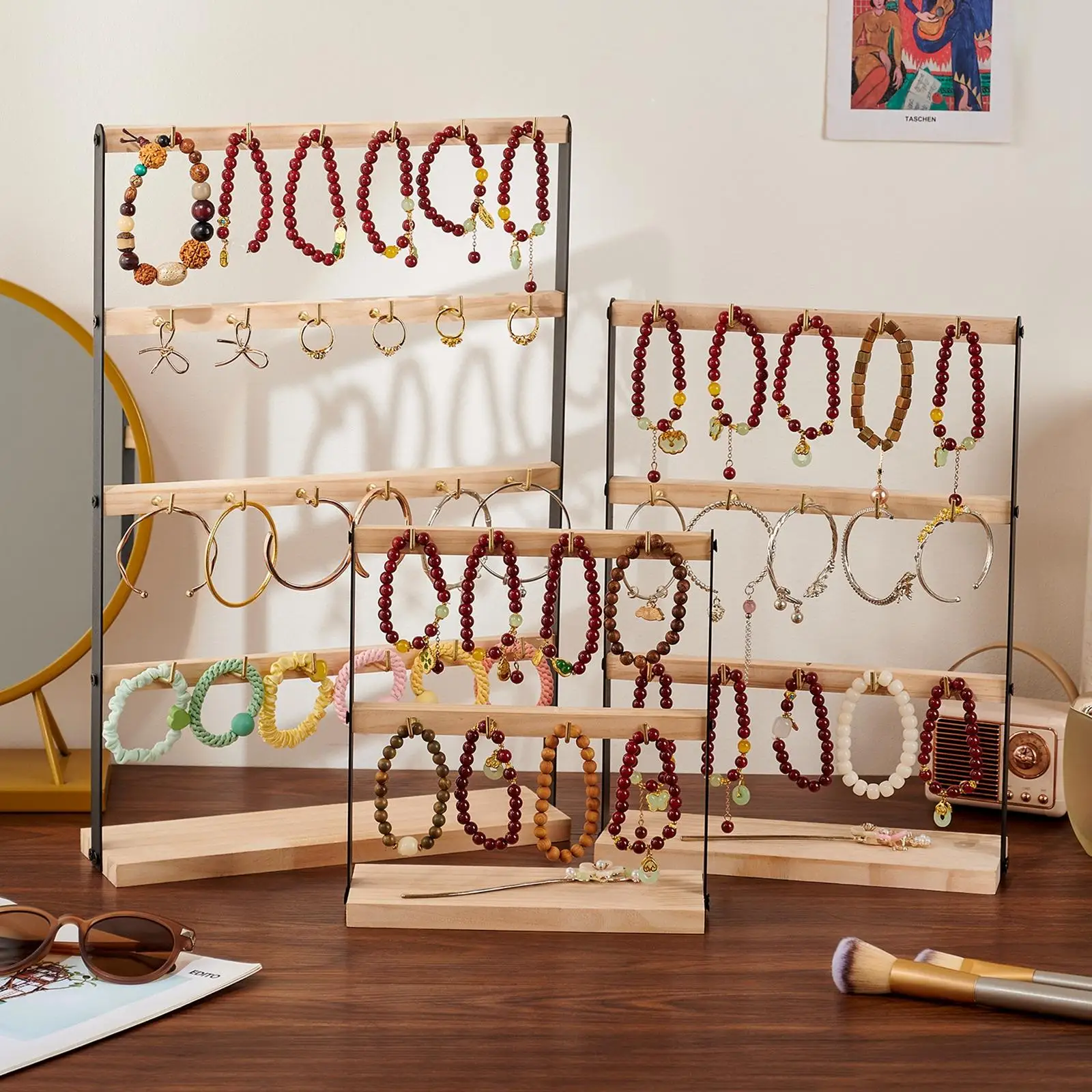 Wooden Jewelry Display Rack Jewelry Organizer Sturdy Earring Display Holder Stand with Hooks for Rings Shops Stores Desktop