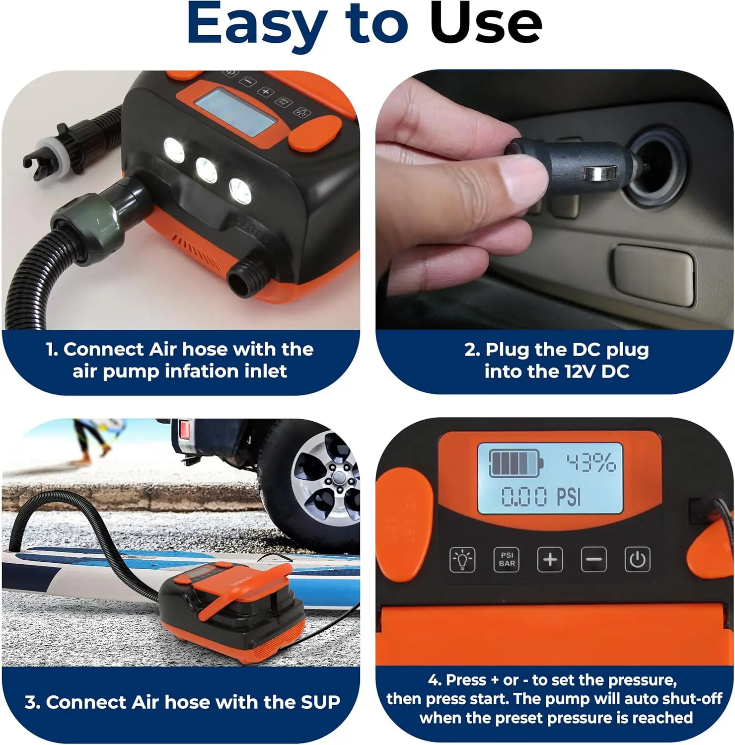 High Pressure Electric Air Pump for Inflatables - 16PSI, Auto Shutoff, Digital Display, Car Power