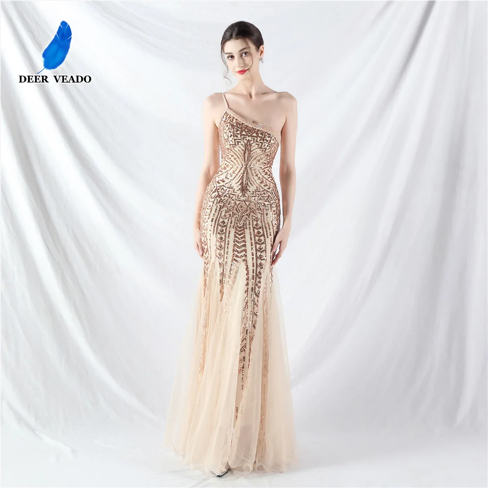 

DEERVEADO Woman Mermaid One Shoulder Sequins Evening Dresses Long Luxurious Beading Wedding Party Dress Prom Gowns