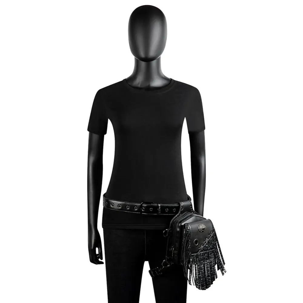 Unisex Steampunk Style Waist Bag Punk One Shoulder Bag Pu Leather Outdoor Tactical Bag Women's Tassel Hanging Bag Black