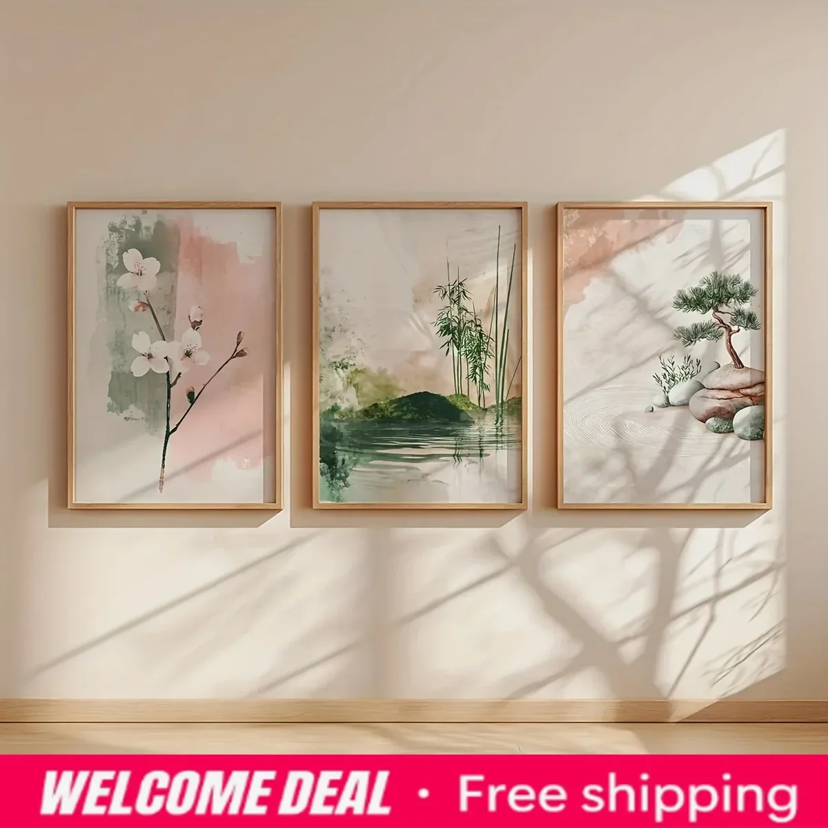 Set of 3 Japandi Zen Landscape Wall Art Cherry Blossom & Bonsai Scenery Minimalist Art Poster Modern Zen Home Living Room Dec