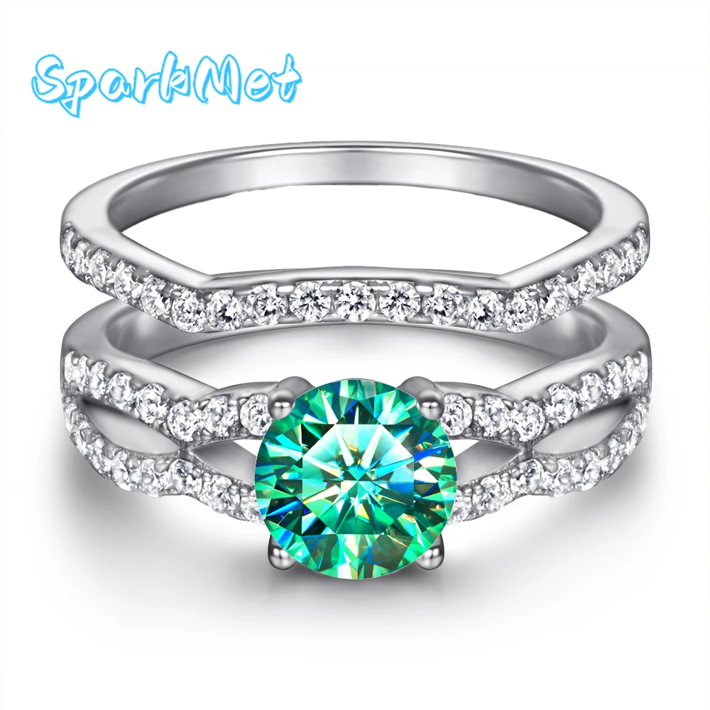 

SparkMet 100% Genuine 1ct Teal Moissanite Two Rings with Certificate Passed Diamond Test Ring Women Jewelry Gift S925 Silver