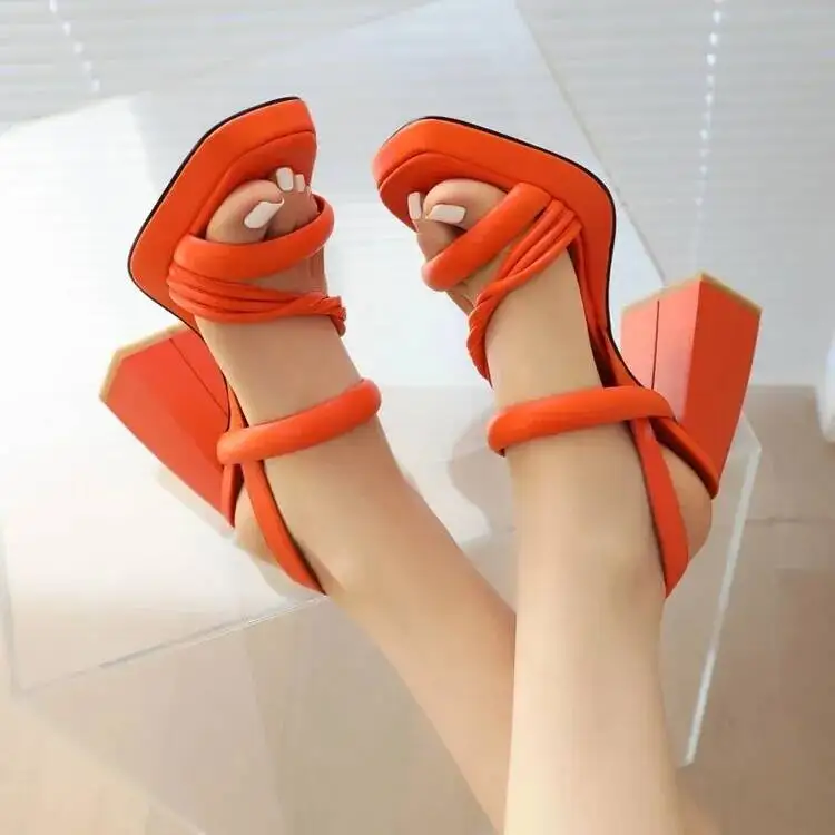 Orange Square Toe Platform Block Heel Women Sandals Double Strap Ankle High Heels Summer Dress Ladies Shoes Zapatos Mujer