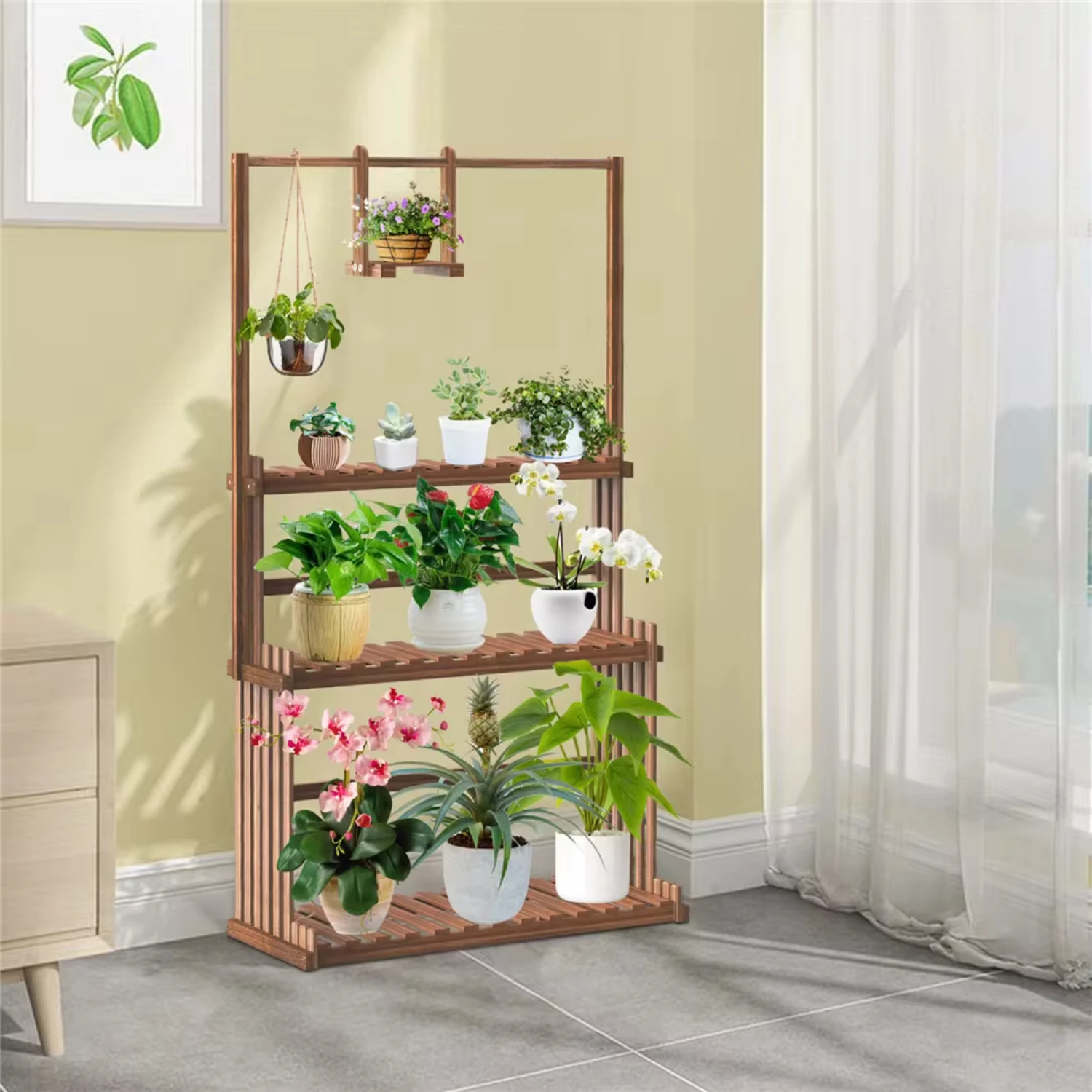 3-Tier Hanging Wood Plant Stand Planter Shelves Flower Pot Organizer Rack Multiple Display Holder Shelf Indoor Outdoor