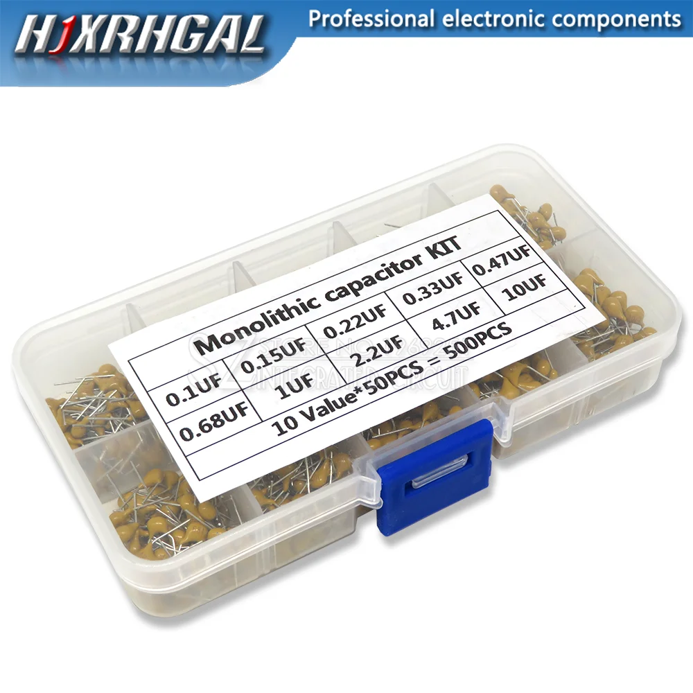 

500PCS/lot Multilayer Ceramic Capacitor Assortment Kit 10Values*50PCS 0.1uF-10uF(104~106) 50V Ceramic Capacitors Set pack