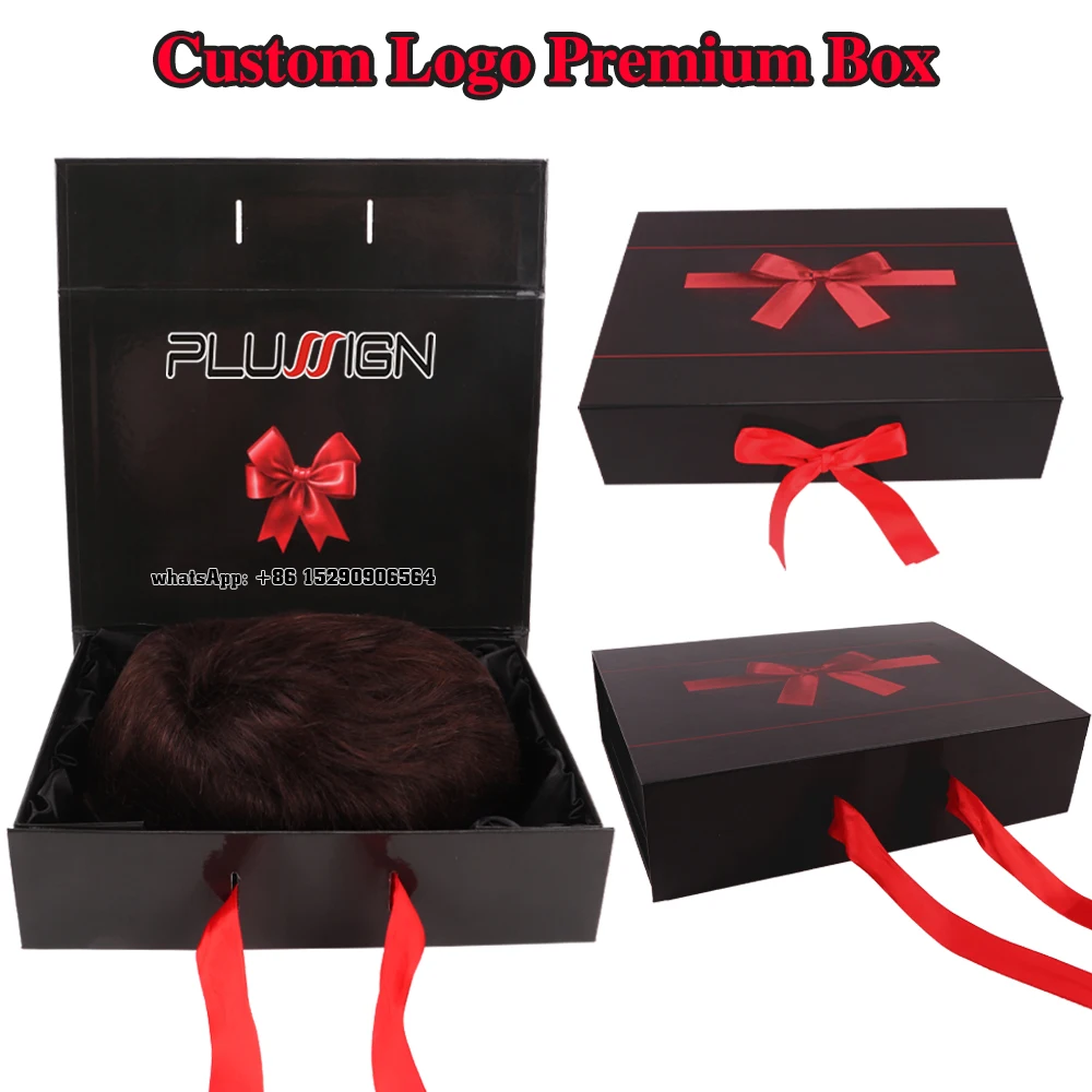 Custom Logo Foldable Thicken Wig Packaging Box, Satin Lined Present Box Double Side Printing Bow Ribbon Closure Wig Storage Box view 2