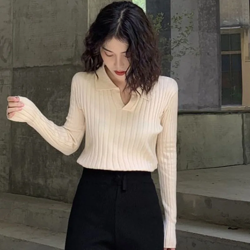 

Вязаный свитер, женские пуловеры, новый черный вязаный свитер с длинным рукавом и отложным воротником, пуловер, женские топы Sueters De Mujer Q1191