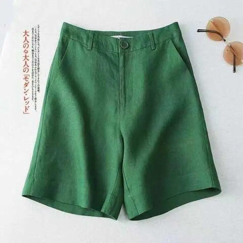 Women's High Waist Cotton Linen Shorts Summer New Casual Wide Leg Pocket Cleanfit Style PVC Material mid Low Waist Umbrella S...