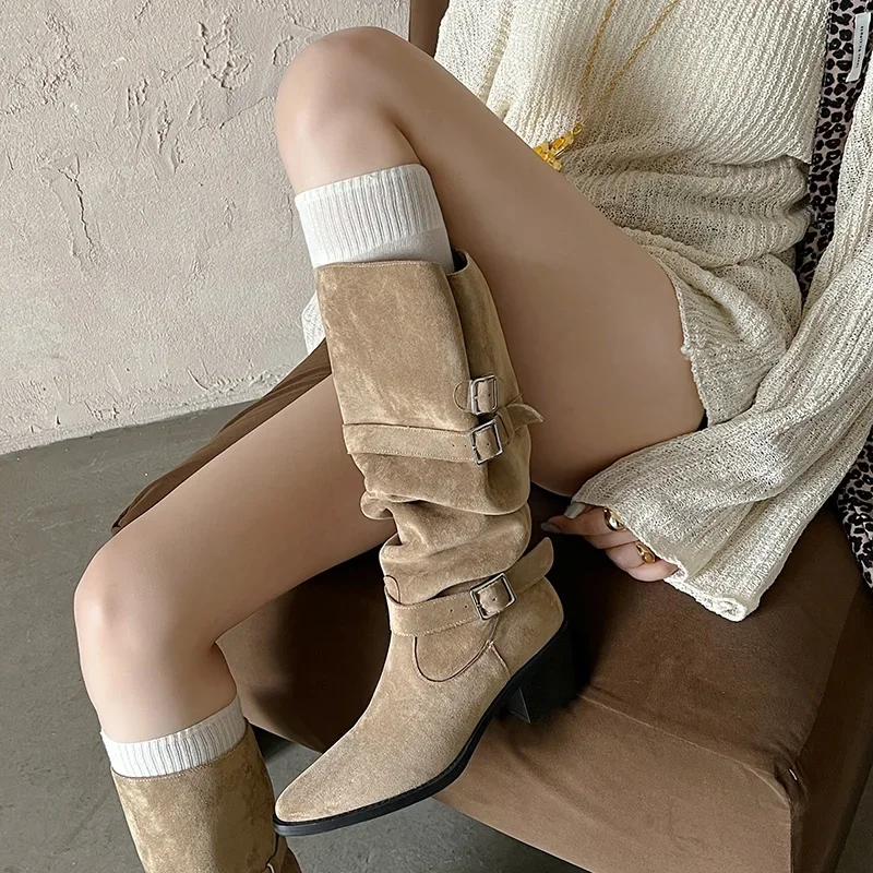 2026new autumn winter women knee-high boots 22-24.5cm flannel pointed toe belt buckle thick high heel modern boots Pile up boots