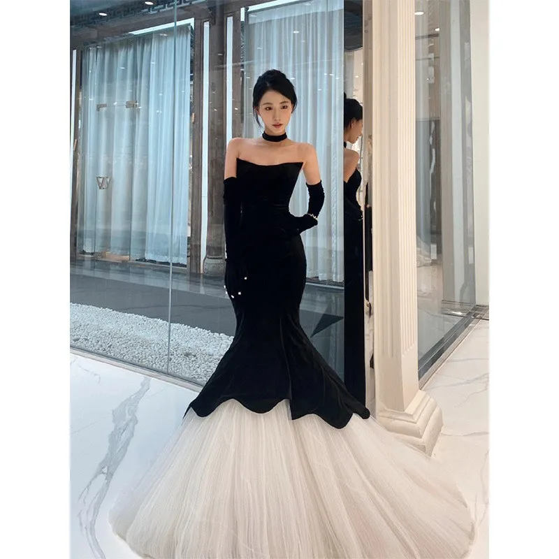 Vestido de cola de pez para banquete de terciopelo vintage tostado