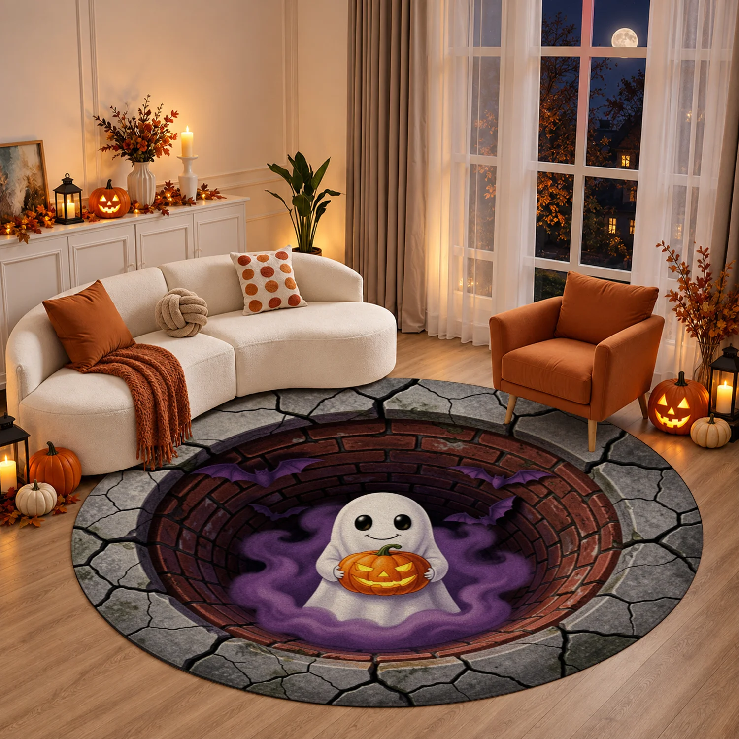3D Halloween Ghost Pumpkin Bat Pattern Round Velvet Doormat Machine Washable Stable Placement For Entryway Porch Living Room Decor Ideal For Halloween Thanksgiving Christmas New Year