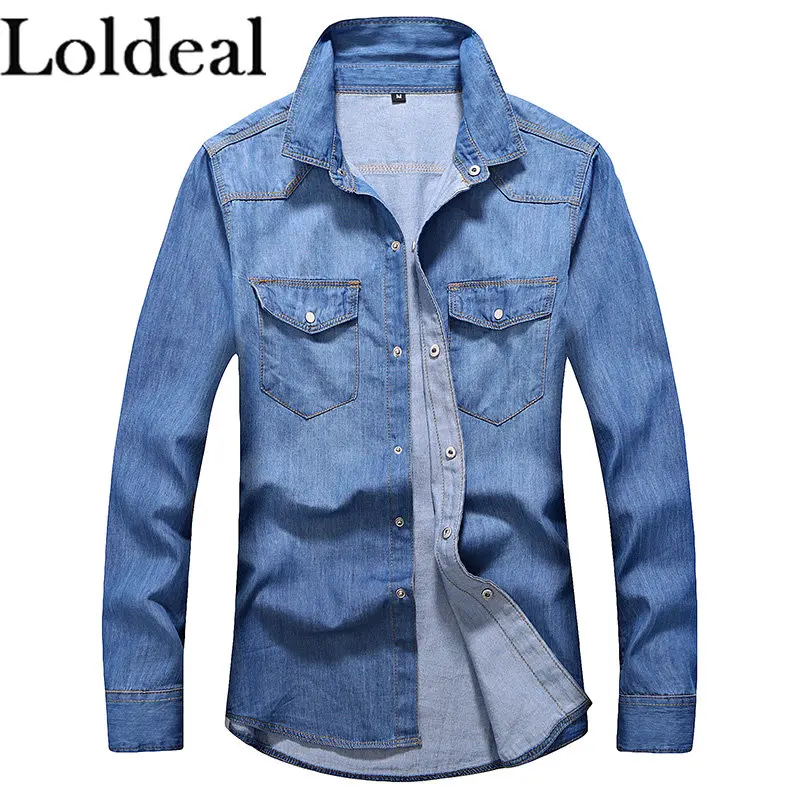 

Men Essential Button Down Long Sleeve Washed Denim Shirt