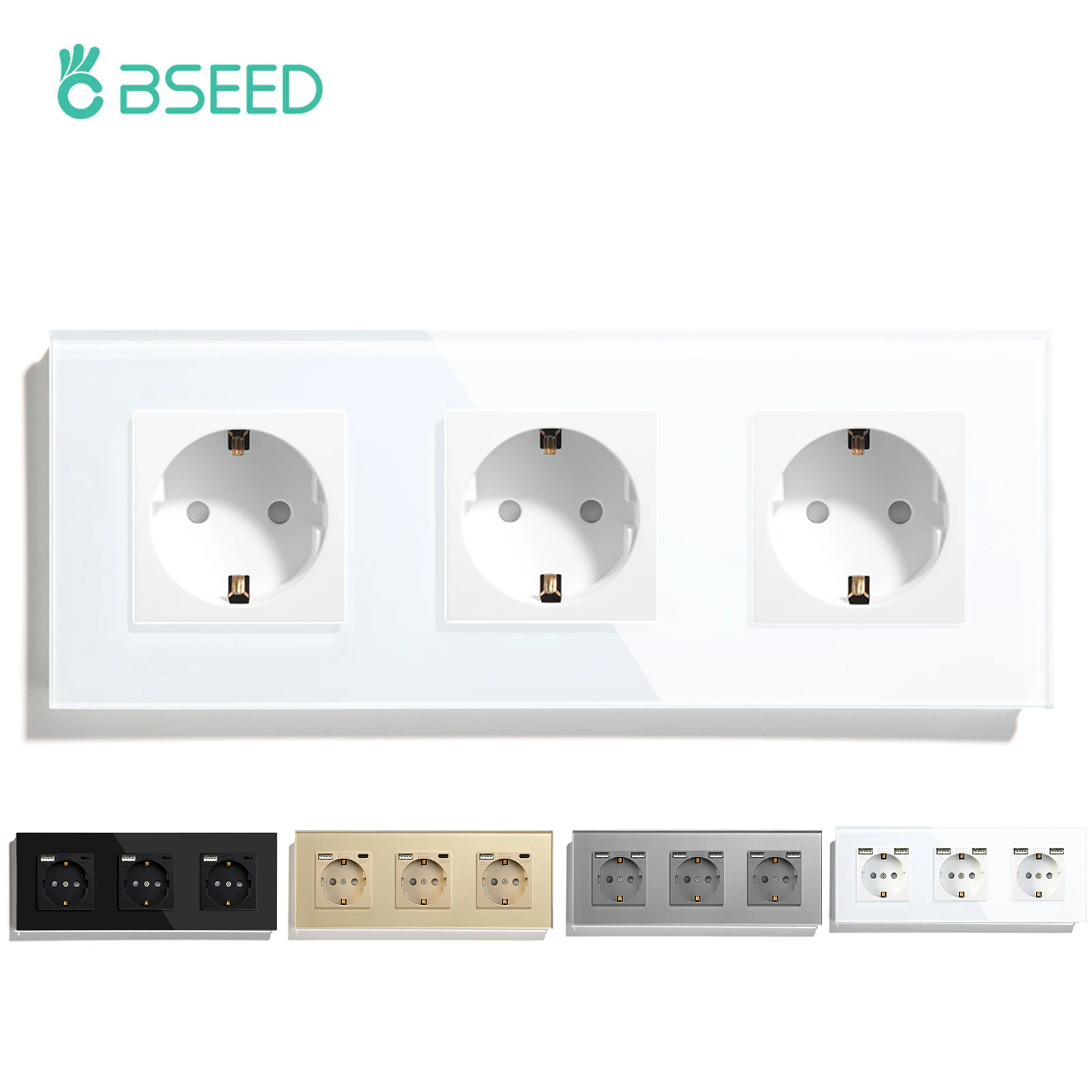 

BSEED EU Standard Power Wall Sockets Triple Sockets Crystal Glass Electrical USB EU Sockets Phone Charge Type-c Power Sockets