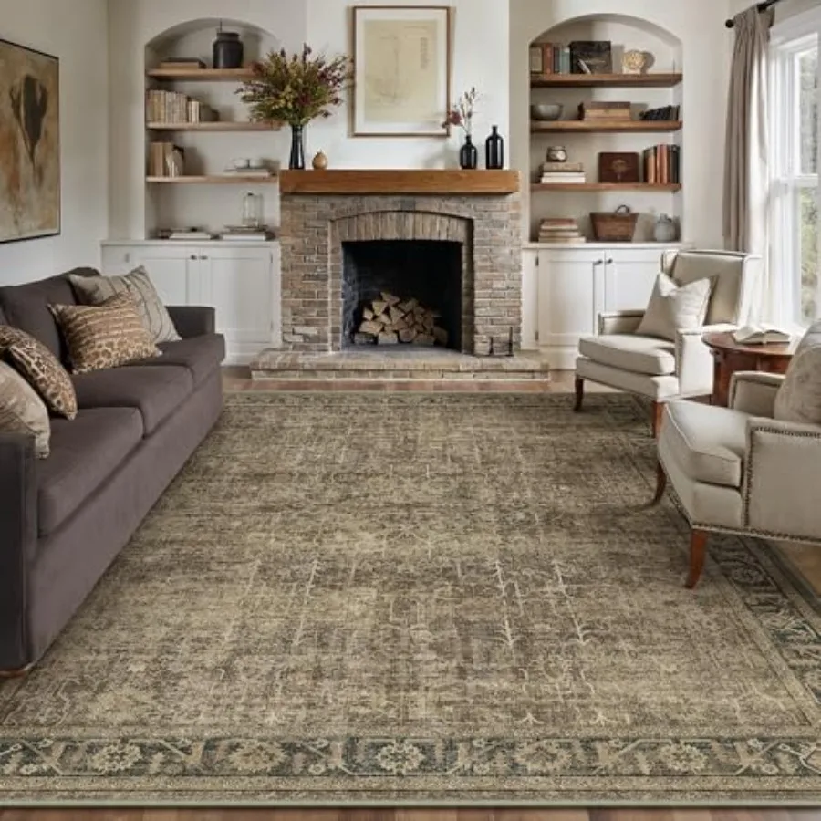 

9x12 Area Rug Brown Vintage Living Room Bedroom Indoor Carpet Distressed Retro Non Slip Low Pile Washable Soft Large Throw Rug