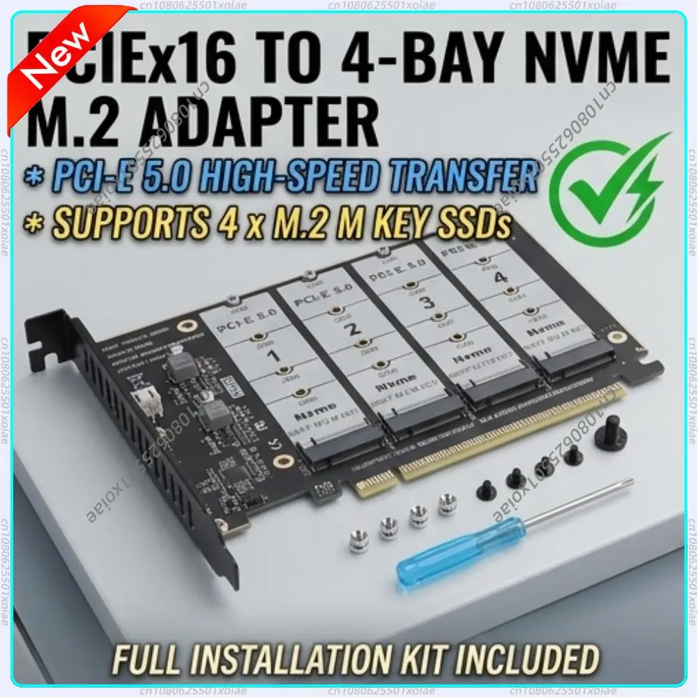 PCIe 5.0 X16 to 4 Port M.2 NVMe SSD Adapter Card Support Channel Bifurcation Raid Expansion Board with Turbo Fan Cooling Kit