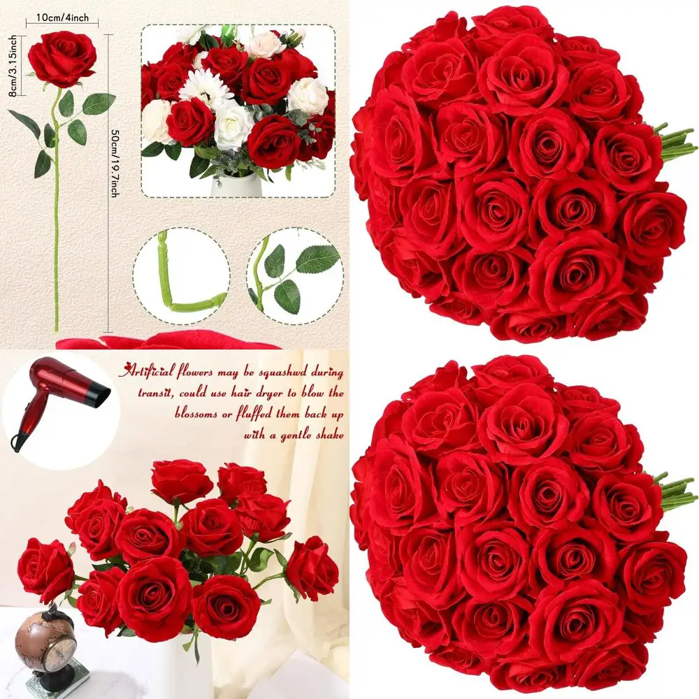 

60-Piece Heavy Velvet Red Artificial Roses with Long Stems for Weddings, Parties, and Centerpieces
