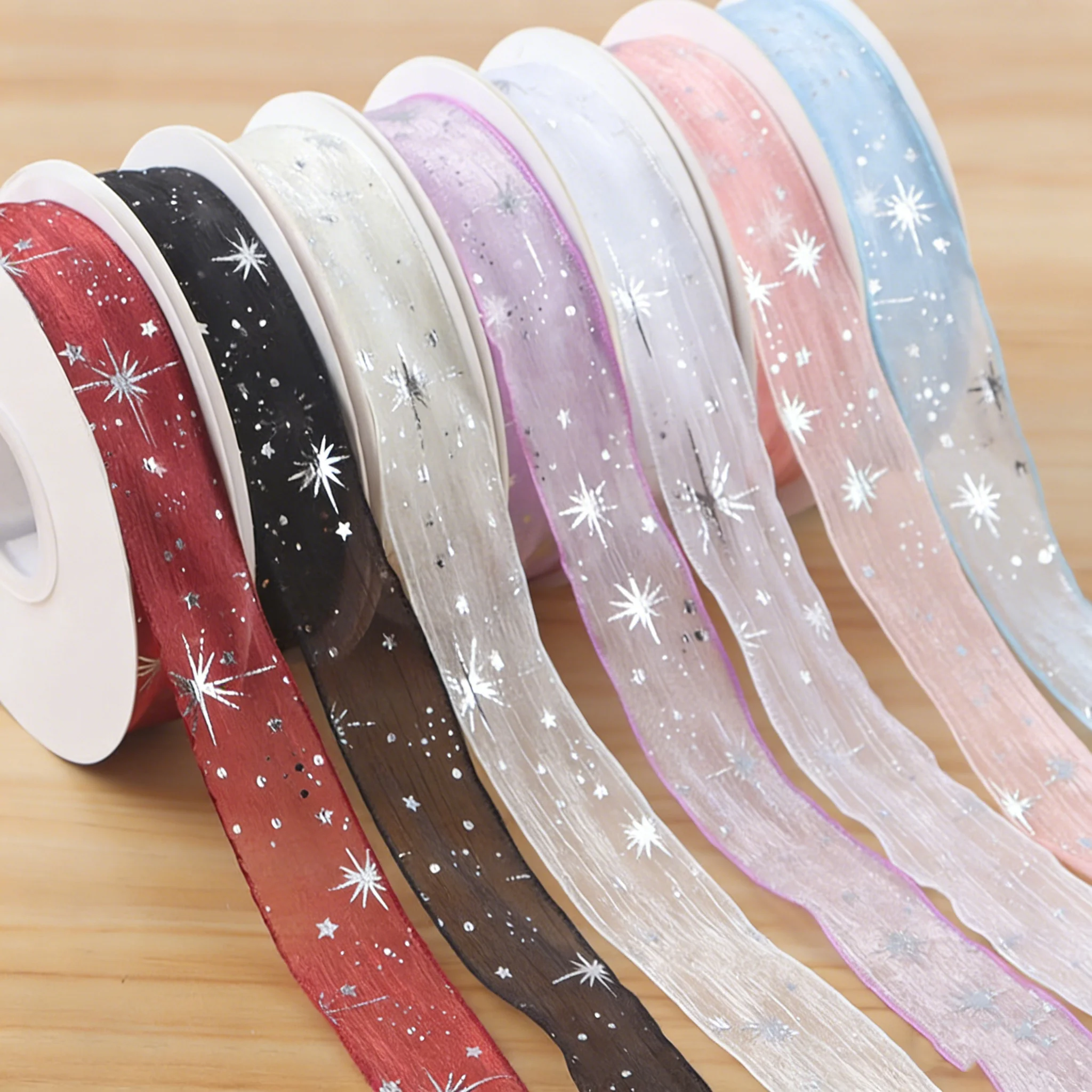 

40mm 10Yards Silver Star Ribbon DIY Gift Wrapping Bow Bouquet Voile Ribbons for Kid Birthday Party Gift Box Wrap Craft Decor