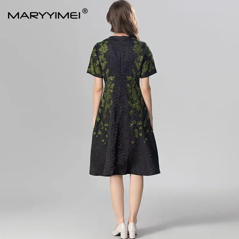 MARYYIMEI Women's Fashion Casual Dress Autumn New Style Short sleeve Embroidery Holiday Black Midi Dresses