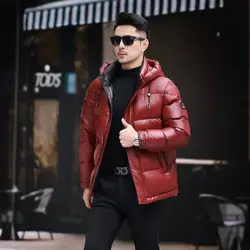 YEAE Winter Men's Hooded Down Jacket Men's Jacket Winter Red Shiny Cold-resistant White Duck Down Men's Coat Clothing