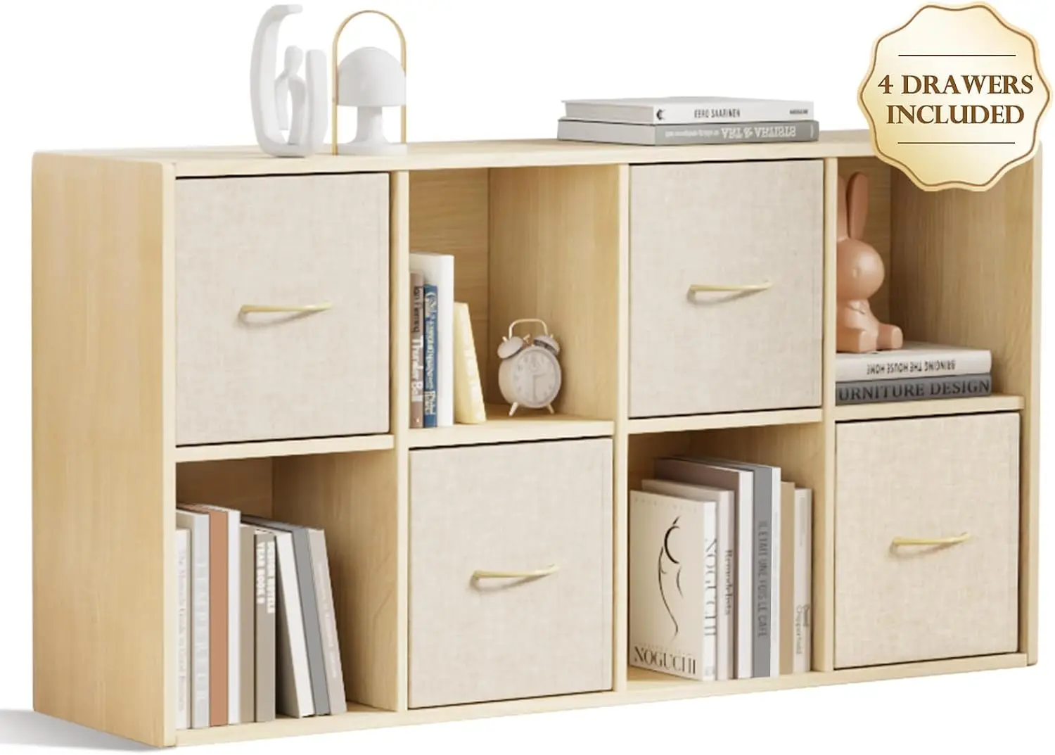 

8 Cube Storage Organizer - Solid Wood Bookshelf with 4 Storage Bins, Cube Shelf with 2 Removable Back Panels, Vertical