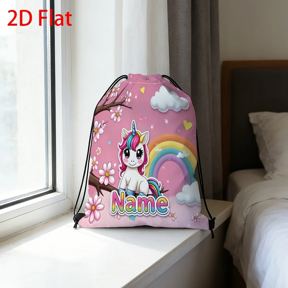 1Pc Custom Name/Text Cute Unicorn Pattern Drawstring Backpack, Lightweight Sports Bag, Gym Storage Bag, Outdoor Travel Rucksack