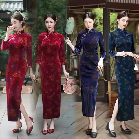 Women Flocking Cheongsam Improved Winter Velvet Dress Chinese Style Evening Dresses Show Long Vintage Qipao