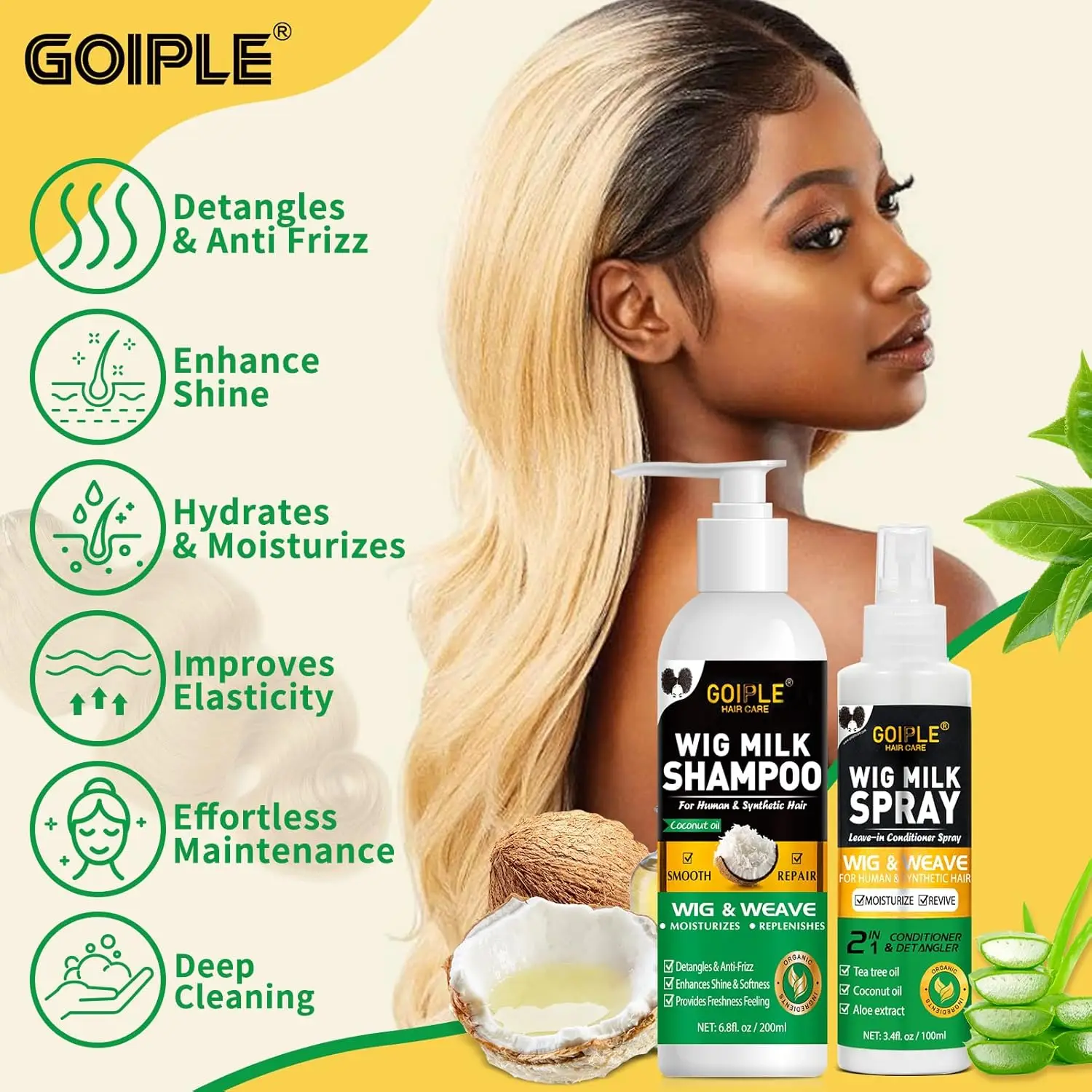 GOIPLE 3 in 1 Wig Care Kit with Shampoo Conditioner Spray and 9-Row Detangler Brush for Human Synthetic Hair Women - view 4