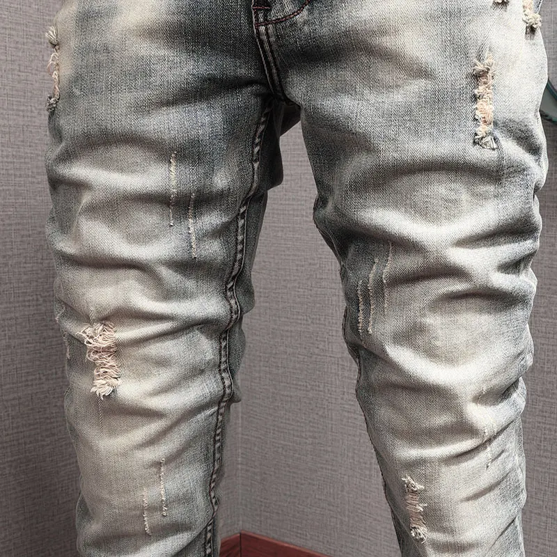 Newly Designer Fashion Men Jeans Retro Washed Elastic Stretch Slim Ripped Jeans Men Vintage Trousers Casual Denim Pants Hombre