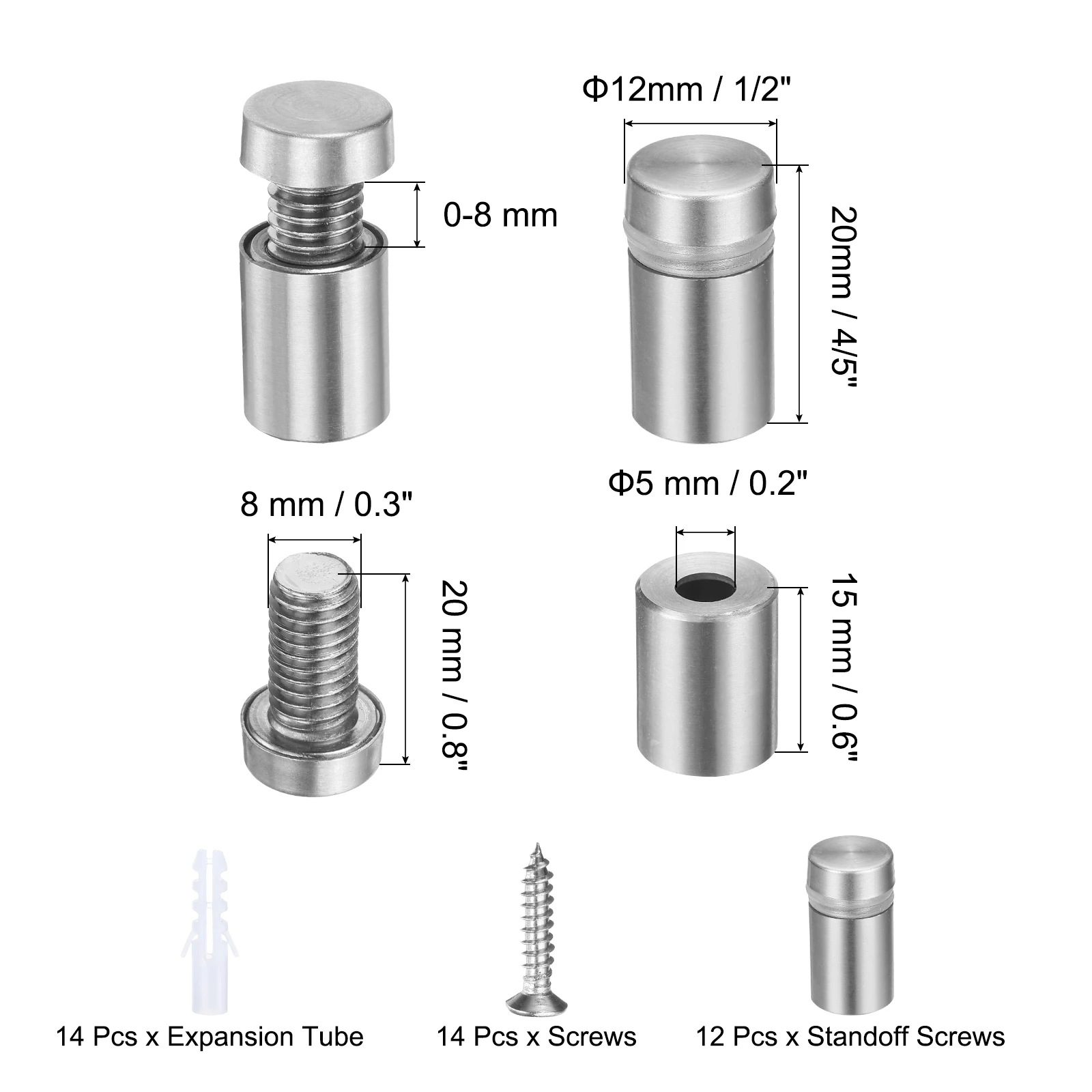 12Pcs Standoff Screws Stainless Steel Wall Mount Sign Mounting Hardware Kit with 14pcs Screws for Hanging Acrylic Glass Signs