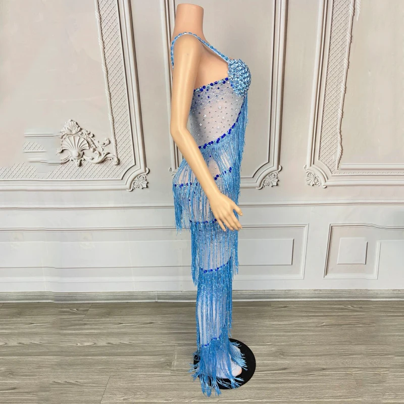 キラキラフルラインストーンフリンジドレス女性祝うイブニングドレスステージキャットウォークフェスティバル衣装社交パーティードレス XS9763