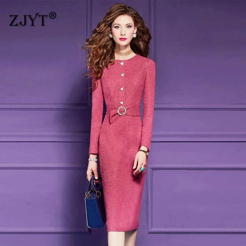 

ZJYT Elegant Women's Woolen Pencil Dresses 2025 Spring Designer Long Sleeve Plus Size Office Party Dress Pink Vestidos Female